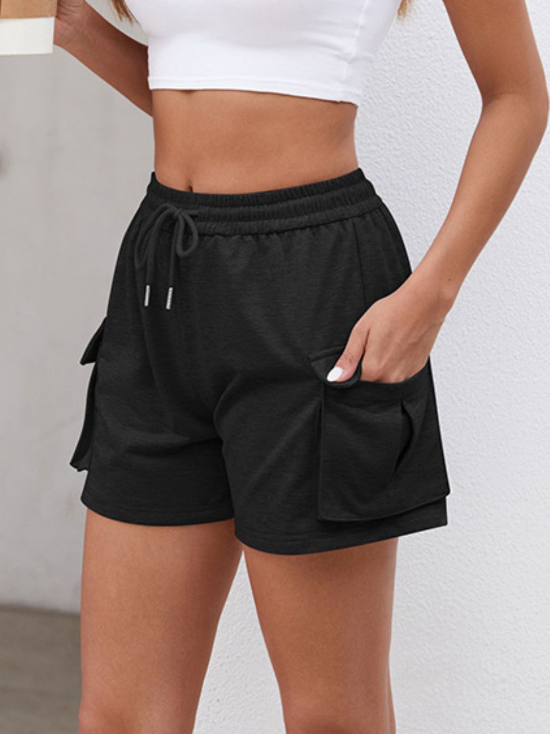 Drawstring Elastic Waist Shorts with Pockets - T - 3 COLORS -