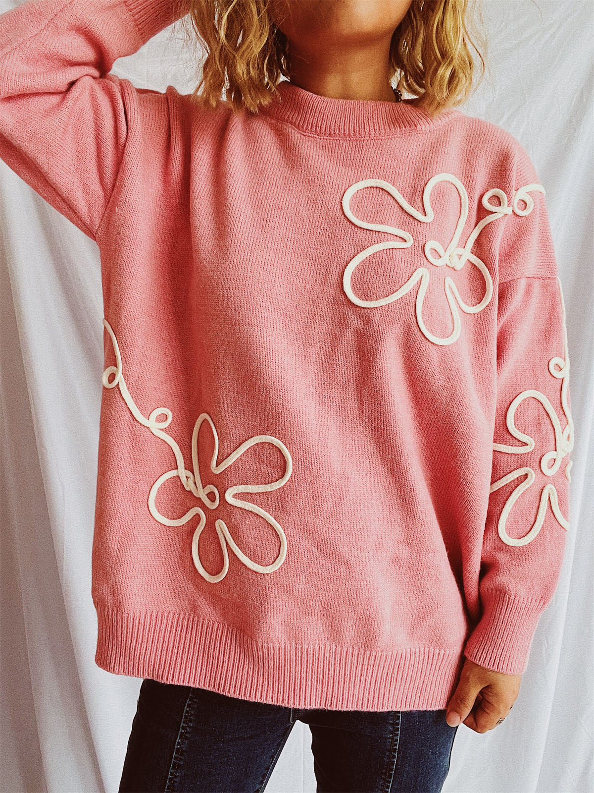 Flower Round Neck Long Sleeve Sweater - 1 OVERSIZE - T - 3 COLORS -