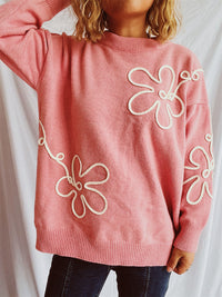 Thumbnail for Flower Round Neck Long Sleeve Sweater - 1 OVERSIZE - T - 3 COLORS -