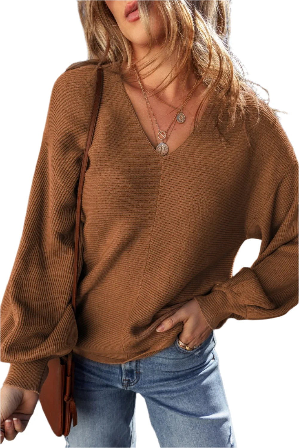 V-Neck Dropped Shoulder Long Sleeve Sweater - T - 1 COLOR -