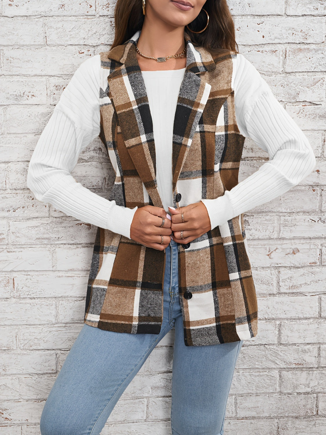 Plaid Button Down Vest Jacket - T - 1 COLOR -