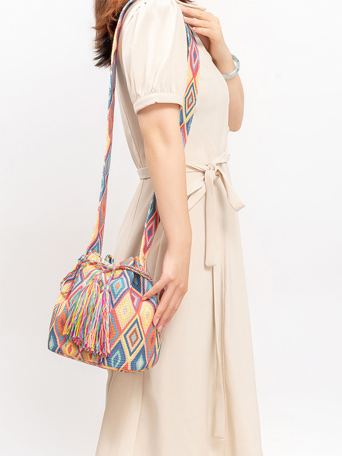 Drawstring Tassel Geometric Shoulder Bag - T - 5 COLORS -