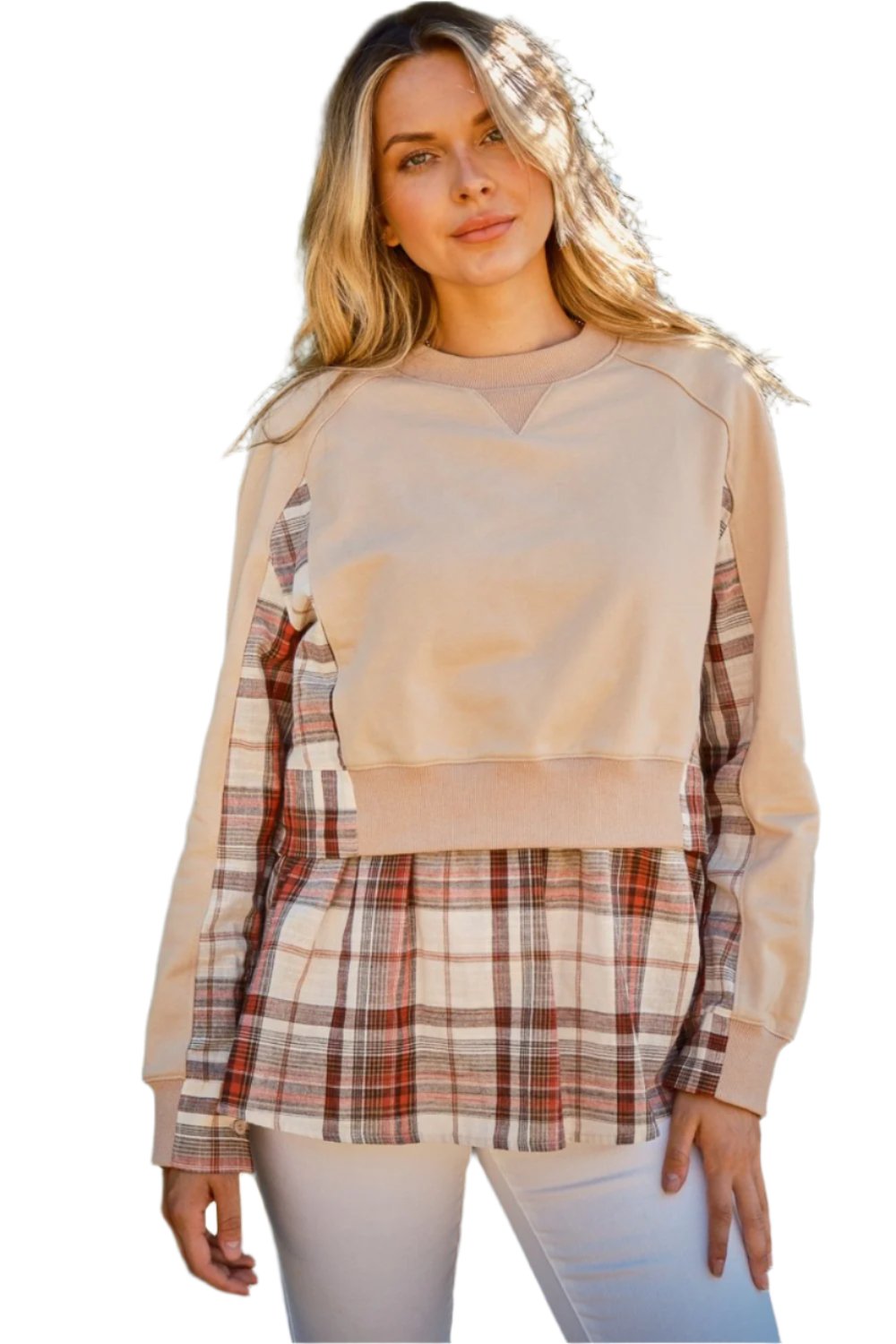 And The Why Full Size Double Layered Plaid Contrast Sweatshirt - T - 1 COLOR -