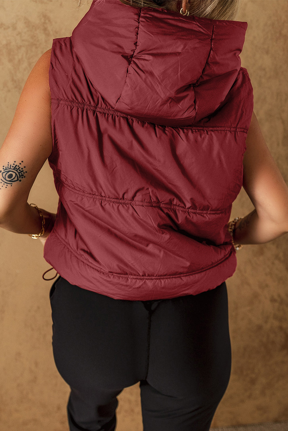 Drawstring Zip Up Hooded Vest Jacket - T - 1 COLOR -