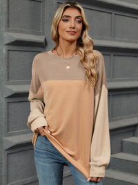 Thumbnail for Double Take Contrast Round Neck Long Sleeve T-Shirt - T - 9 COLORS -