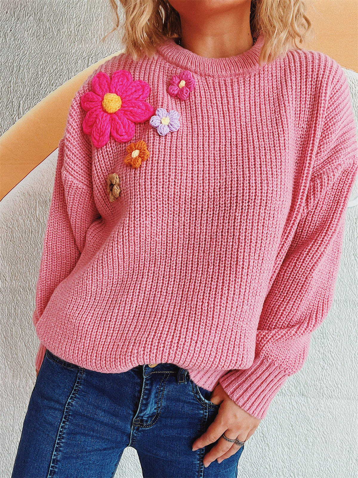 Crochet Flower Round Neck Dropped Shoulder Sweater - 1 OVERSIZE - T - 3 COLORS -