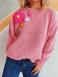 Thumbnail for Crochet Flower Round Neck Dropped Shoulder Sweater - 1 OVERSIZE - T - 3 COLORS -