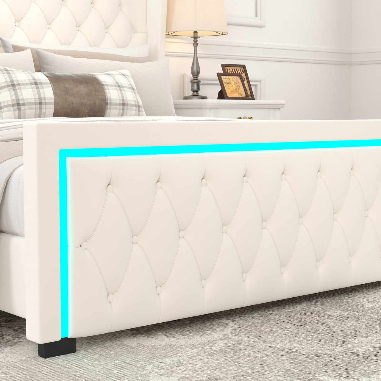 Queen Platform Bed Frame With High Headboard, Velvet Upholstered Bed With Deep Tufted Buttons, Adjustable Colorful LED L