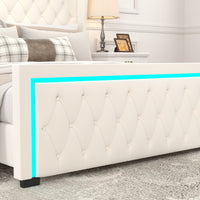 Thumbnail for Queen Platform Bed Frame With High Headboard, Velvet Upholstered Bed With Deep Tufted Buttons, Adjustable Colorful LED L