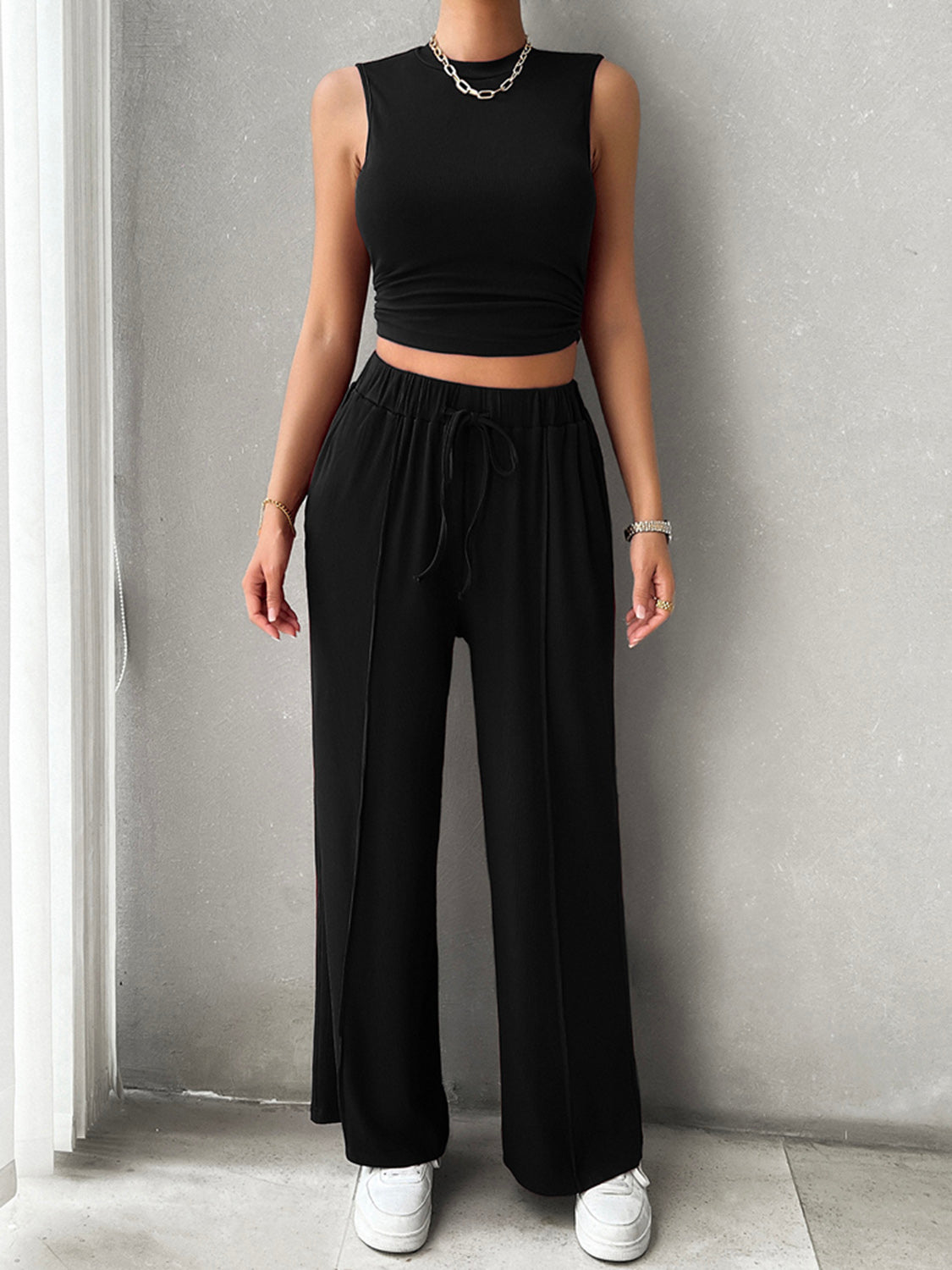 Mock Neck Sleeveless Top and Drawstring Pants Set - 2 PCS. - T - 5 COLORS -