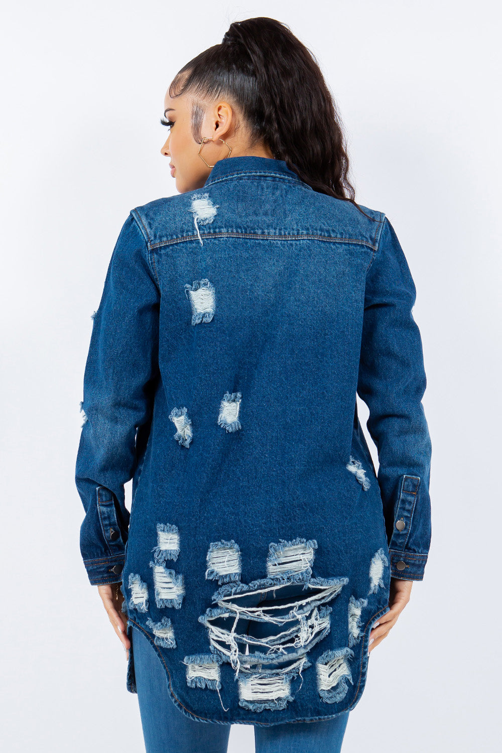 American Bazi Distressed Button Up Long Sleeve Denim Jacket - T - 1 COLOR -