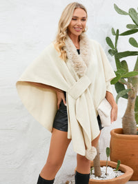 Thumbnail for Fuzzy Trim Open Front Poncho - ONE SIZE - T - 6 COLORS -