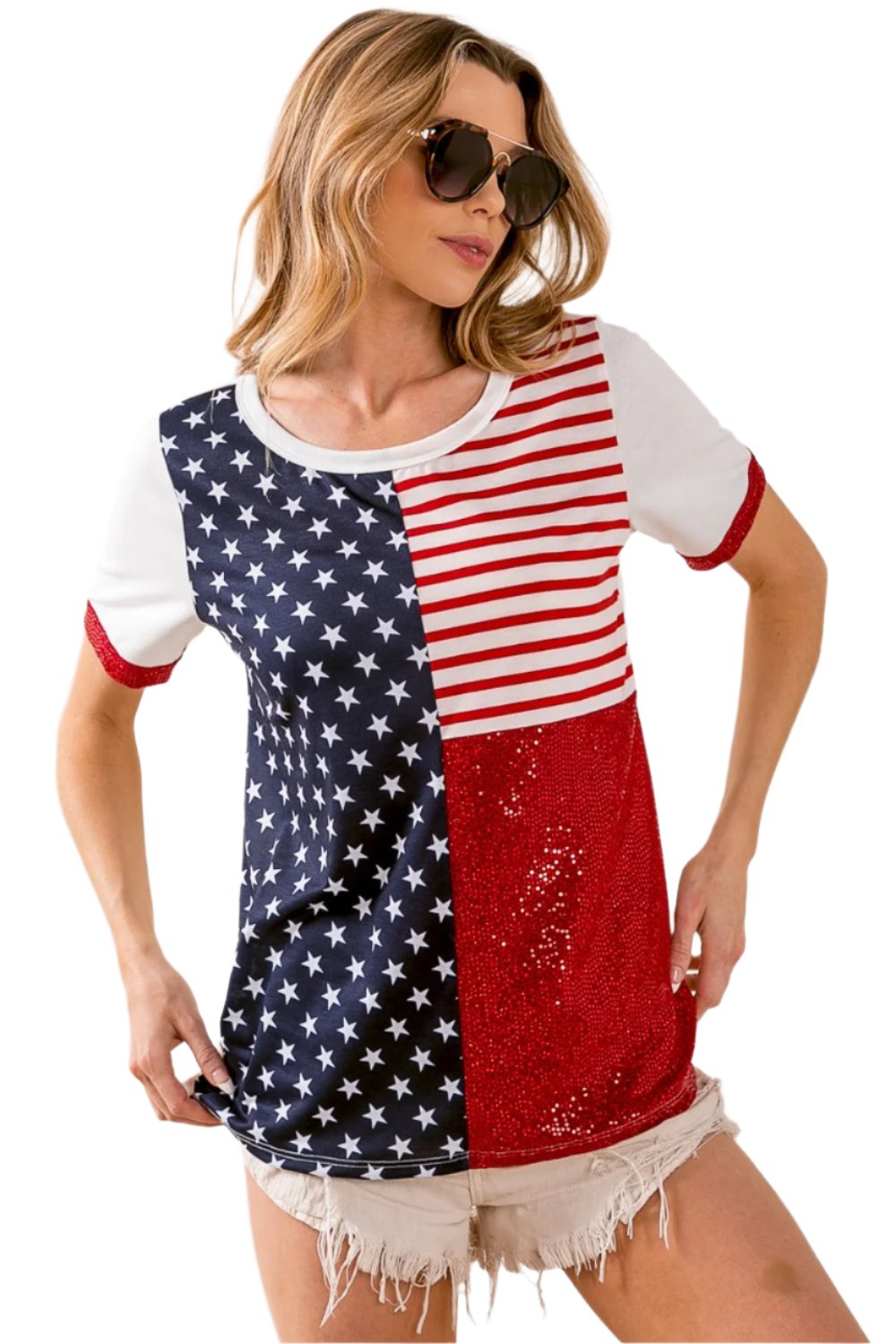 BiBi Star & Stripes Round Neck Short Sleeve T-Shirt - T - 1 COLOR -