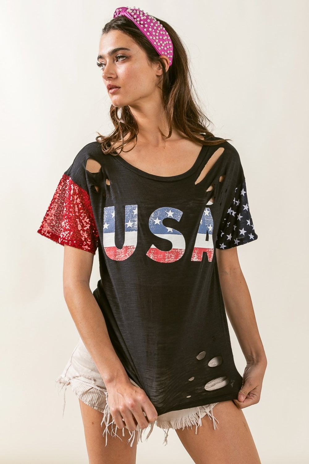 BiBi USA Graphic Short Sleeve Distressed T-Shirt - T - 1 COLOR -