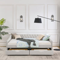 Thumbnail for Queen Size Daybed With Drawers Upholstered Tufted Sofa Bed,,with Button on Back and Copper Nail on Waved Shape Arms, Bei