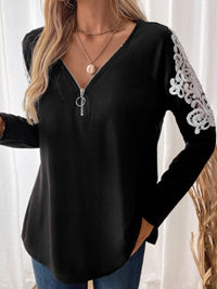 Thumbnail for Perfee Lace Detail Quarter Zip Long Sleeve Top - T - 1 COLOR -