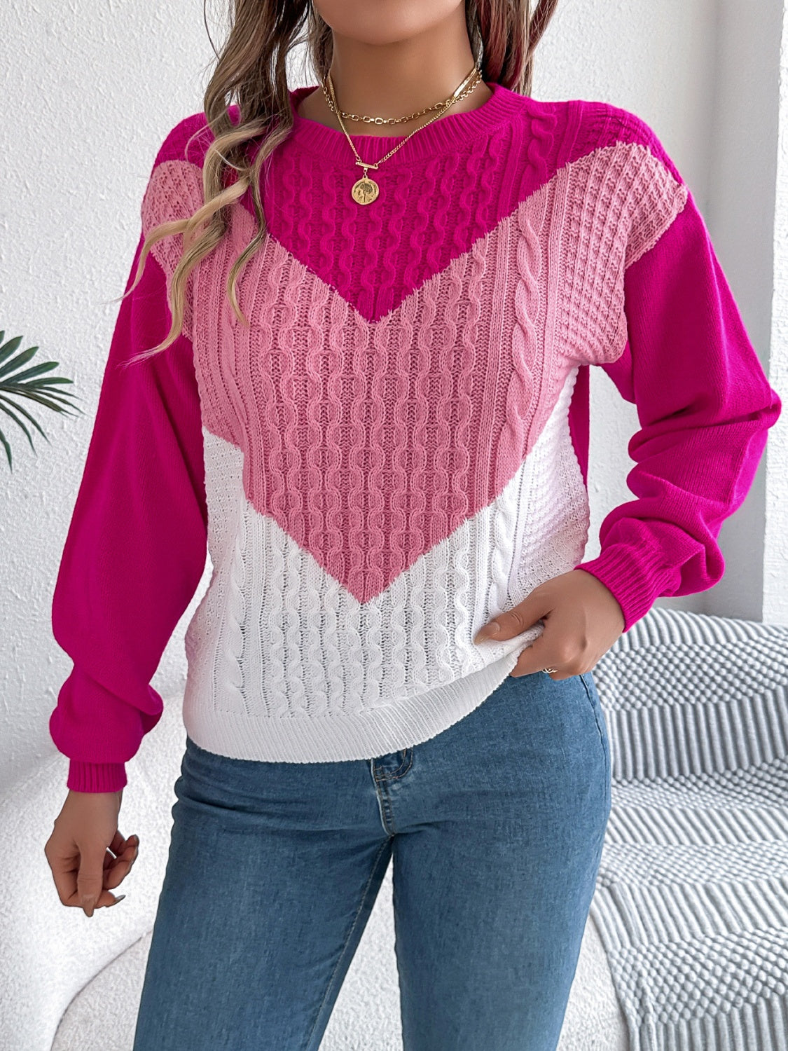 Contrast Round Neck Long Sleeve Sweater - T - 3 COLORS -