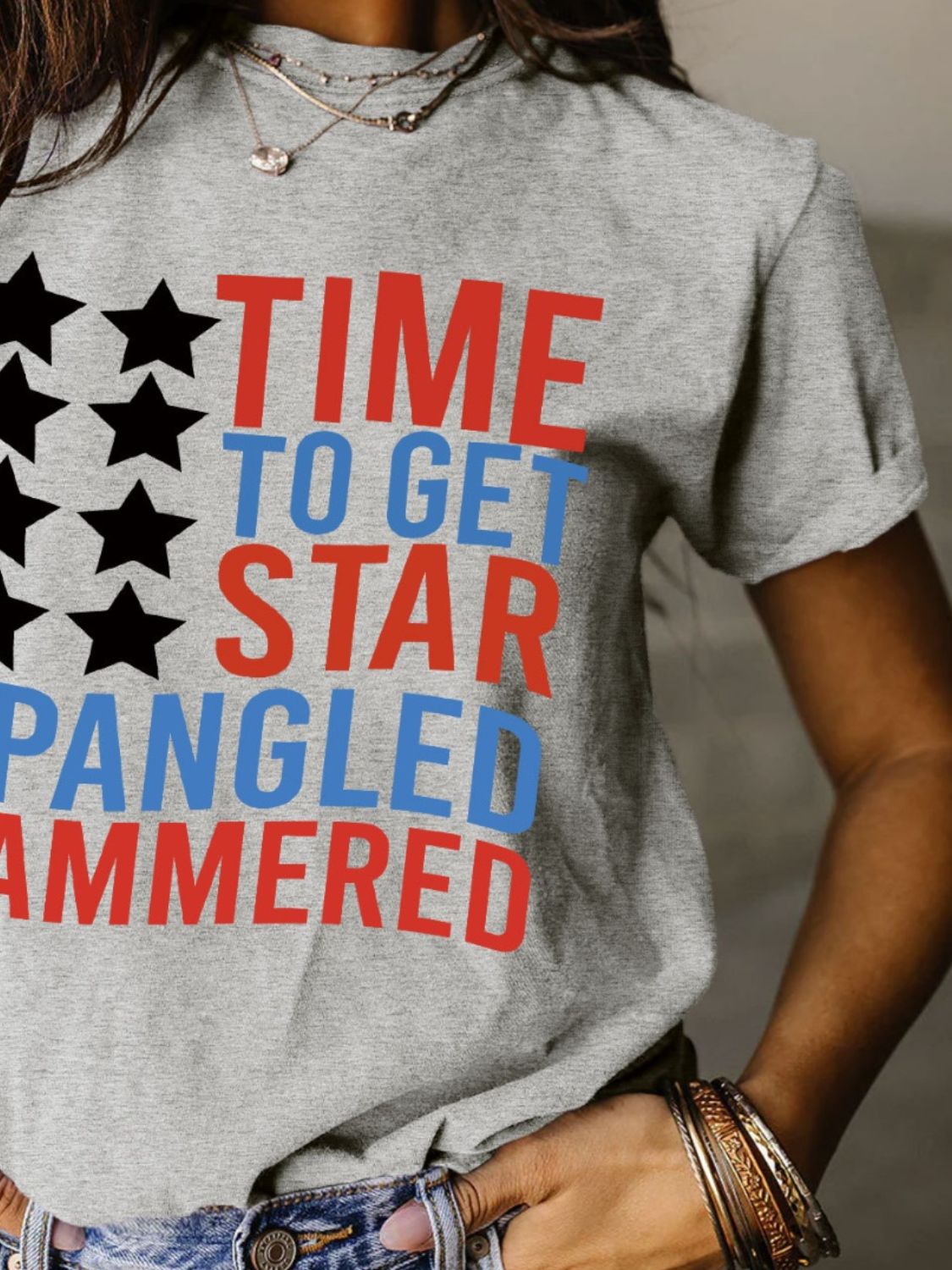 Full Size - 'Time to get Star Spangle Hammered' Letter Graphic Round Neck Short Sleeve T-Shirt - T - 12 COLORS -