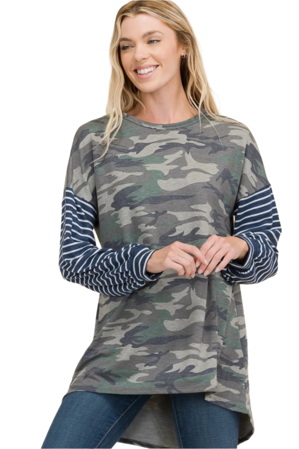 Celeste Full Size Camo Print High-Low T-Shirt with Stripe Sleeves - T - 1 COLOR -