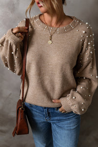 Thumbnail for Pearl Detail Round Neck Long Sleeve Sweater - T - 4 COLORS -