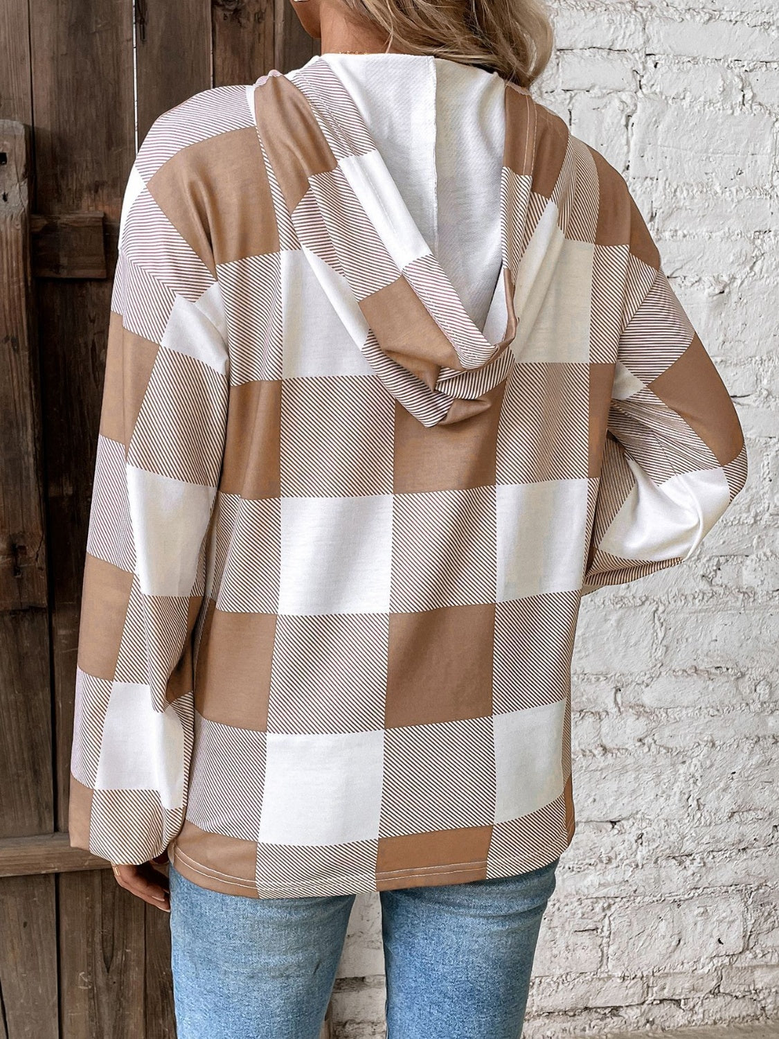 Plaid Dropped Shoulder Long Sleeve Hoodie Top - T - 2 COLORS -