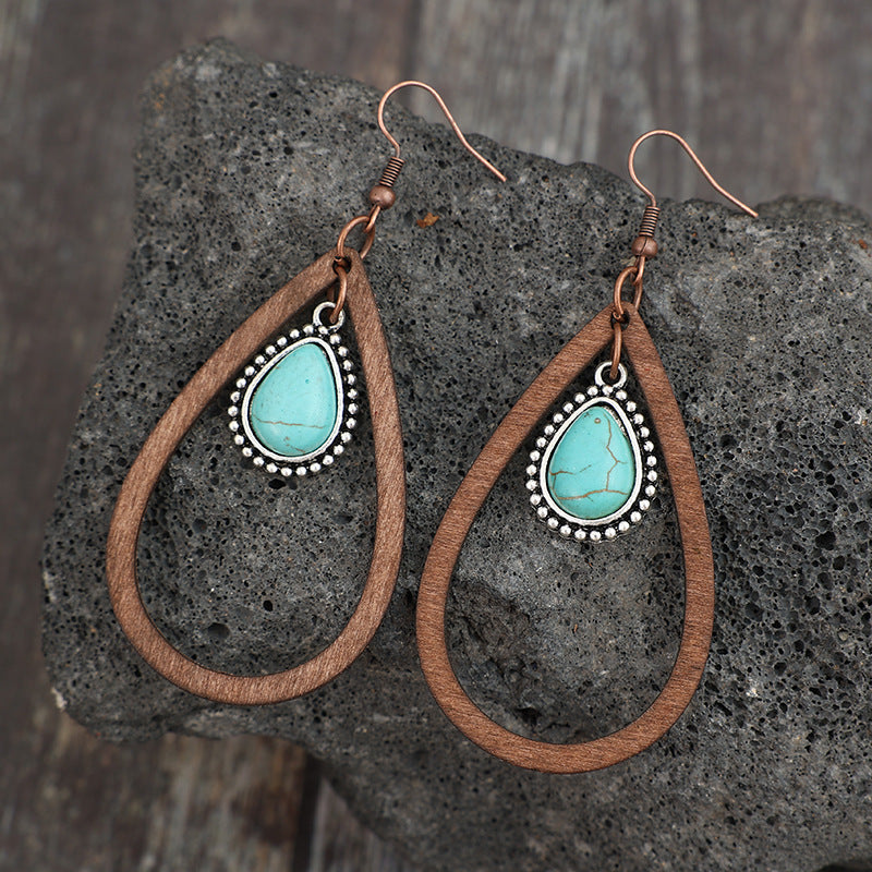 Wooden Turquoise Cutout Teardrop Earrings - T - 1 COLOR -