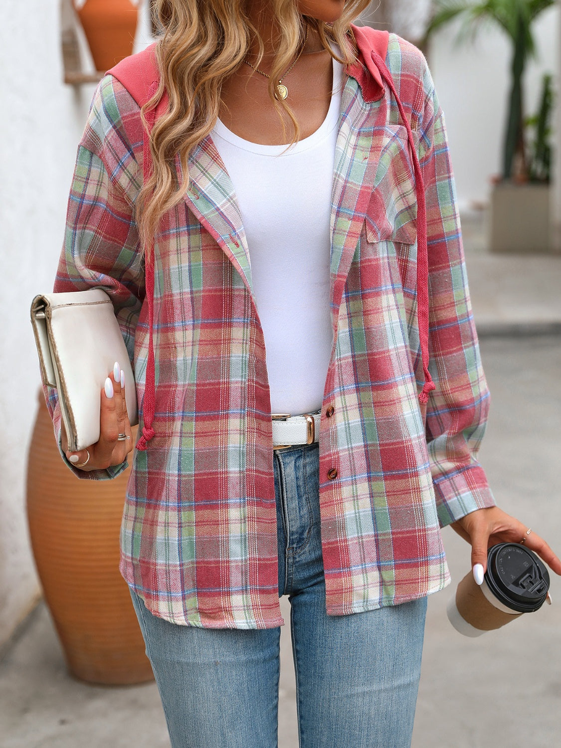 Plaid Long Sleeve Lightweight Hooded Jacket - T - 5 COLORS -