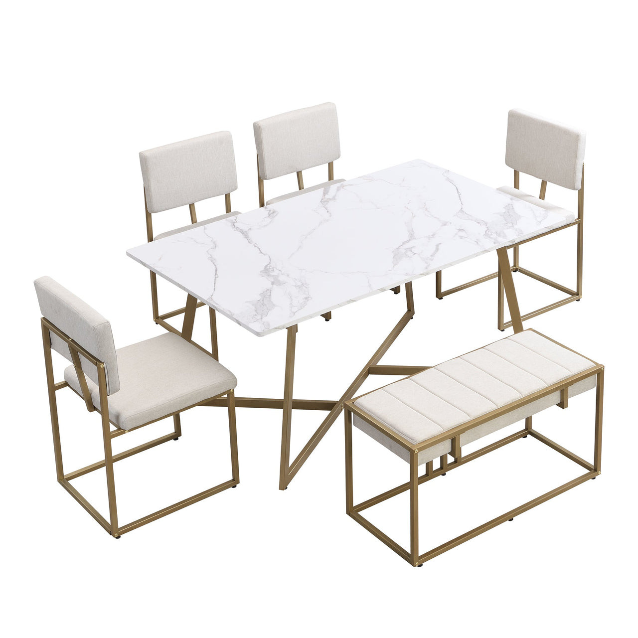 Modern Faux Marble 6-Piece Dining Table Set,60inch Metal Kitchen Table Set With Upholstered Dining Chairs and Bench, Gol