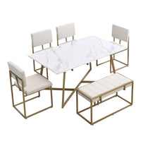 Thumbnail for Modern Faux Marble 6-Piece Dining Table Set,60inch Metal Kitchen Table Set With Upholstered Dining Chairs and Bench, Gol