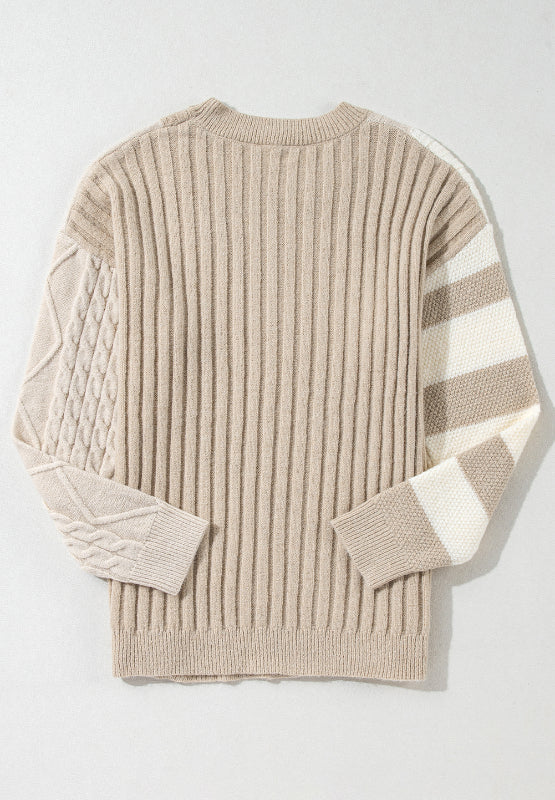 Cable-Knit Color Block Round Neck Sweater - T - 1 COLOR -