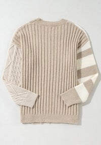 Thumbnail for Cable-Knit Color Block Round Neck Sweater - T - 1 COLOR -