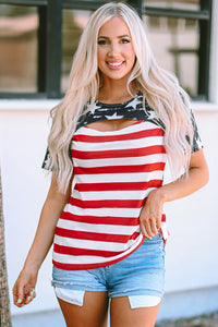 Thumbnail for Cutout Striped Round Neck Short Sleeve T-Shirt - T - 1 COLOR -