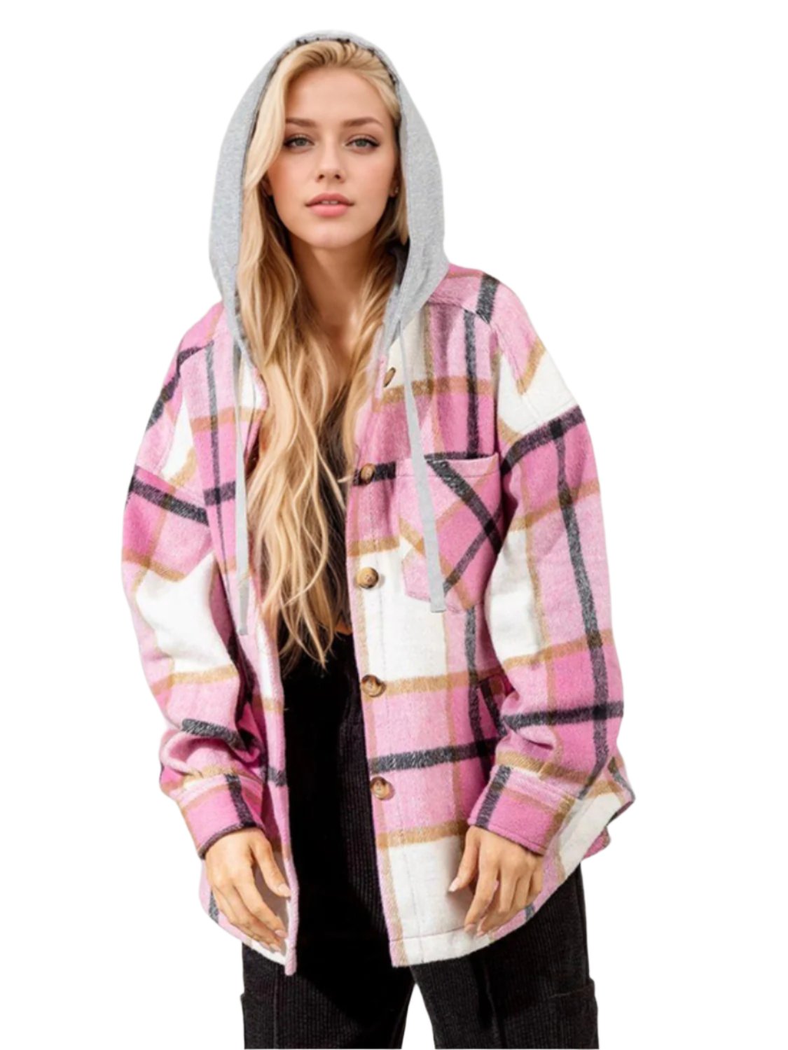 Drawstring Plaid Button Up Long Sleeve Hooded Jacket - T - 2 COLORS -