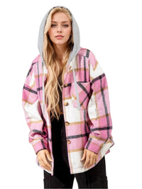 Thumbnail for Drawstring Plaid Button Up Long Sleeve Hooded Jacket - T - 2 COLORS -