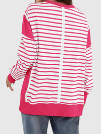 Thumbnail for Slit Exposed Seam Striped Long Sleeve Sweatshirt - T - 8 COLORS -