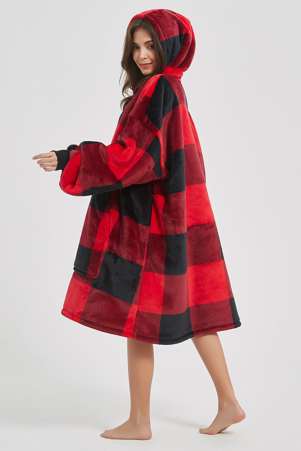 Plaid Hooded Oversize Fuzzy Lounge Dress - 1 LARGE OVERSIZE - T - 1 COLOR -