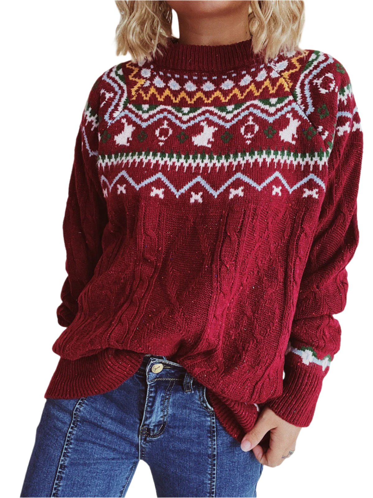 Cable-Knit Mock Neck Long Sleeve Sweater - T - 2 COLORS -