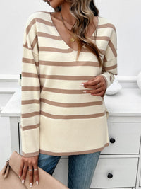 Thumbnail for Striped V-Neck Long Sleeve Knit Top - T - 4 COLORS -