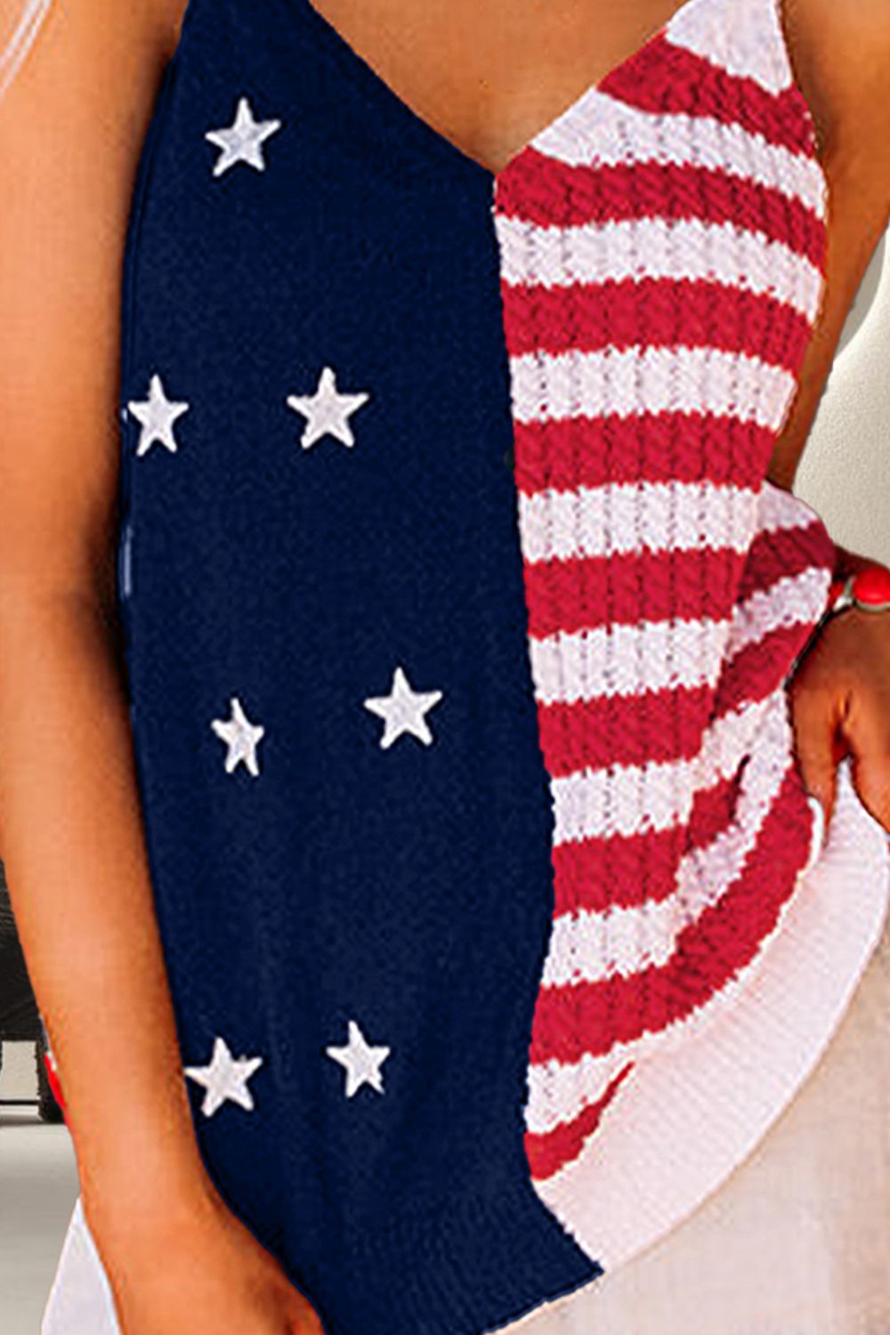 USA Flag Theme V-Neck Knit Cami Tank - T - 1 COLOR -