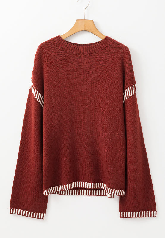 Striped Detail Round Neck Dropped Shoulder Sweater - T - 1 COLOR -