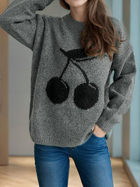 Thumbnail for Cherry Round Neck Long Sleeve Sweater - 1 OVERSIZE - T - 3 COLORS -