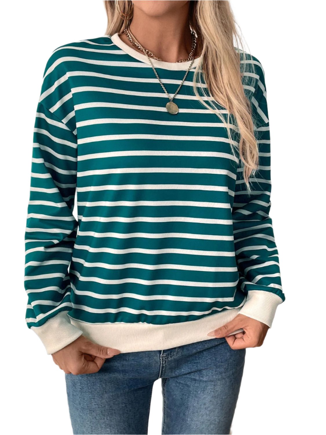 Perfee Striped Contrast Round Neck Long Sleeve Sweatshirt - T - 1 COLOR -