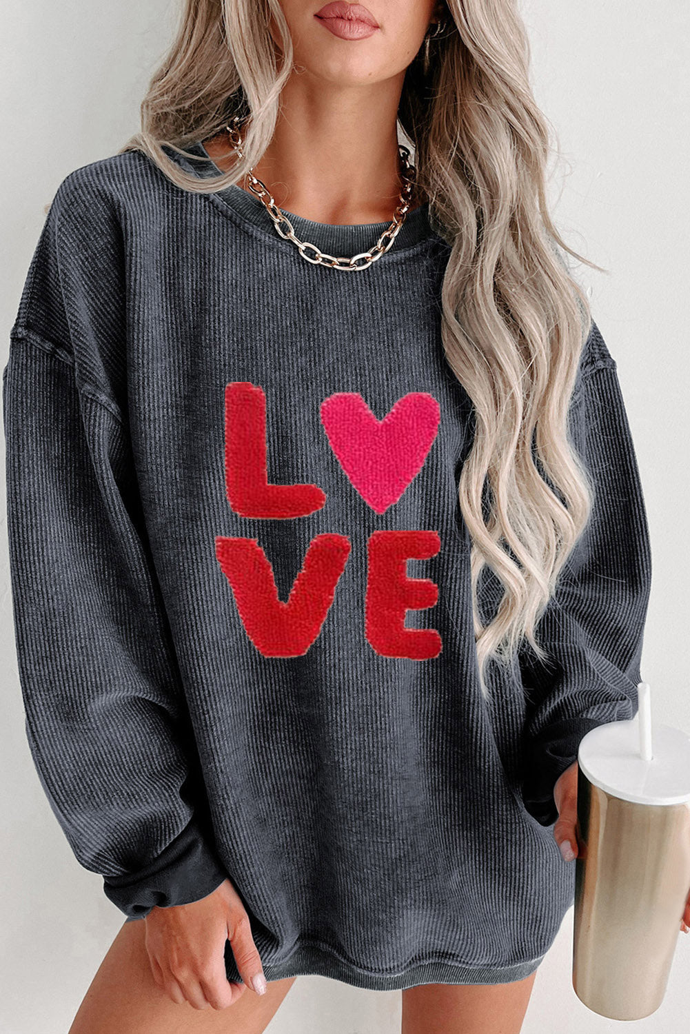 LOVE Round Neck Dropped Shoulder Sweatshirt - T - 1 COLOR -