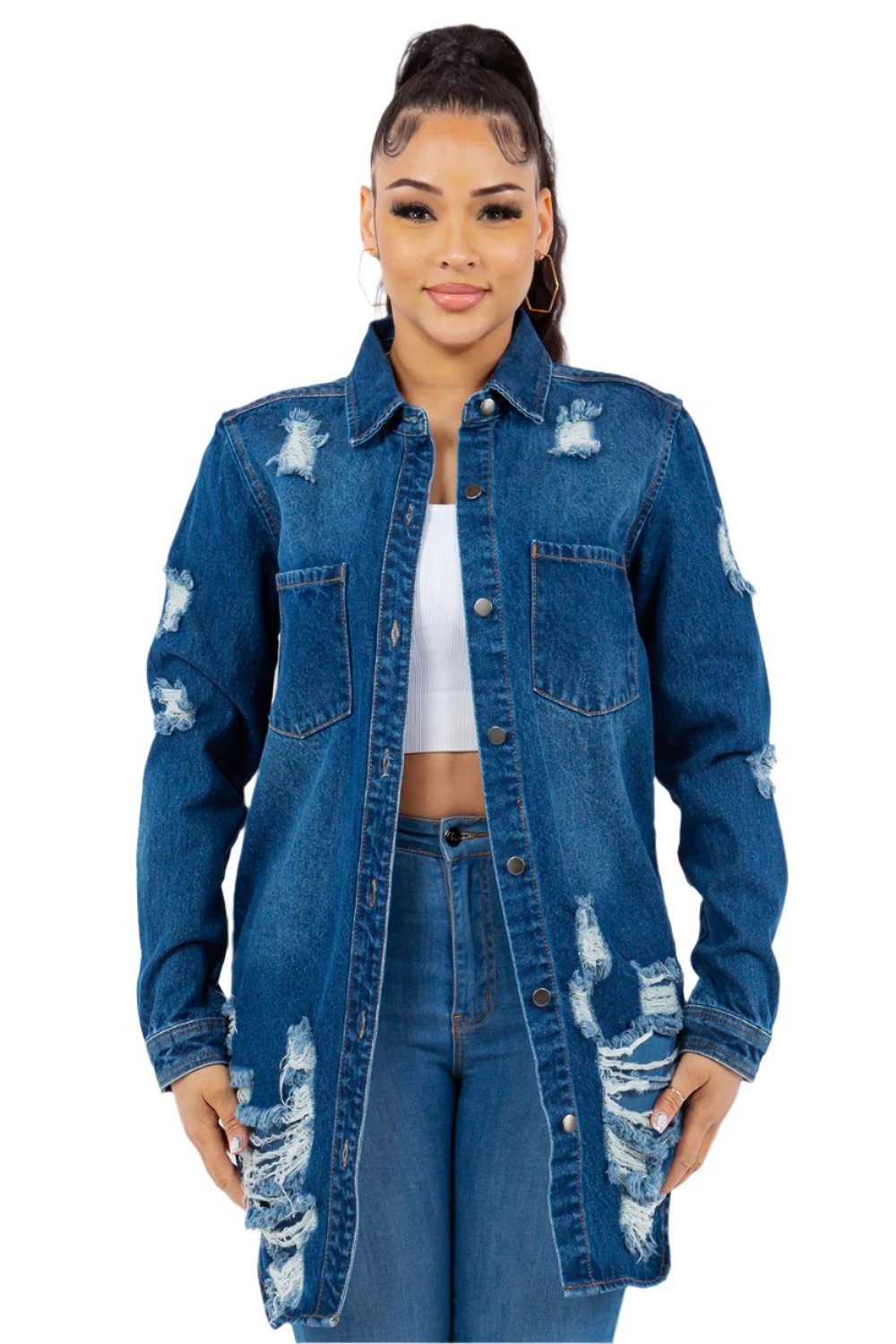 American Bazi Distressed Button Up Long Sleeve Denim Jacket - T - 1 COLOR -