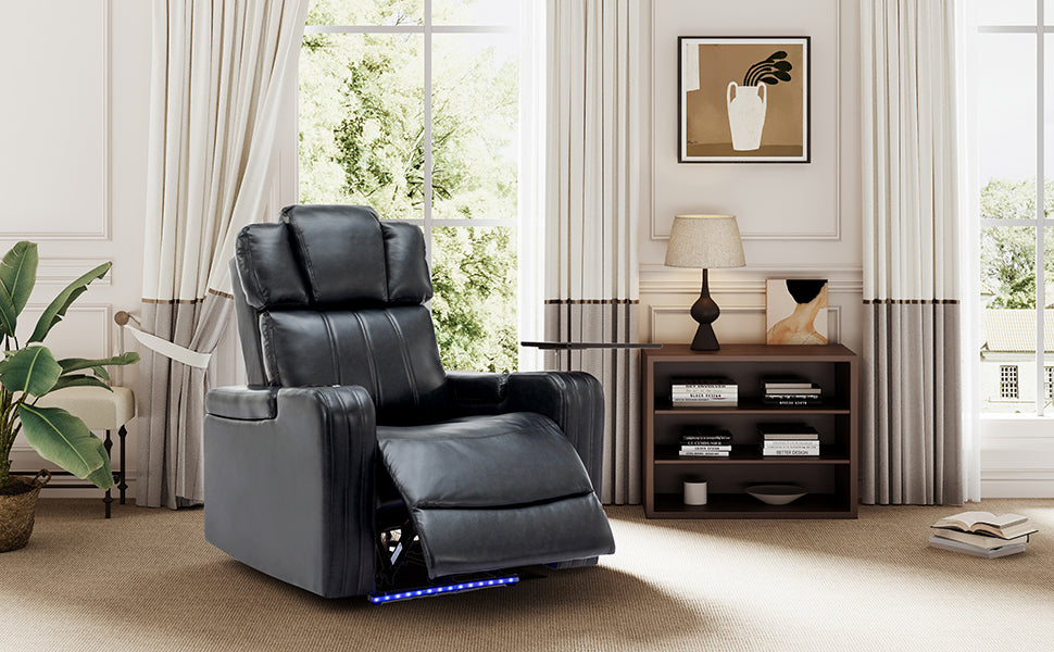 PU Leather Power Recliner Individual Seat Home Theater Recliner With Cooling Cup Holder, Bluetooth Speaker, LED Lights,