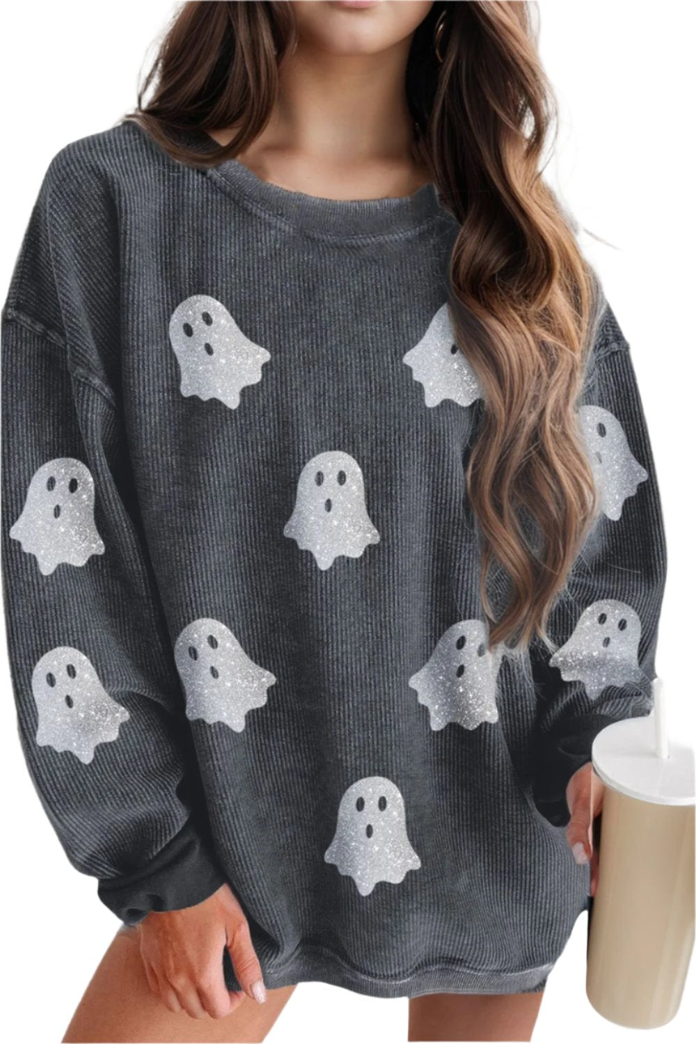 Glitter Ghost Round Neck Long Sleeve Sweatshirt - T - 3 COLORS -