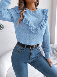 Thumbnail for Ruffled Round Neck Long Sleeve Sweater - T - 1 COLOR -