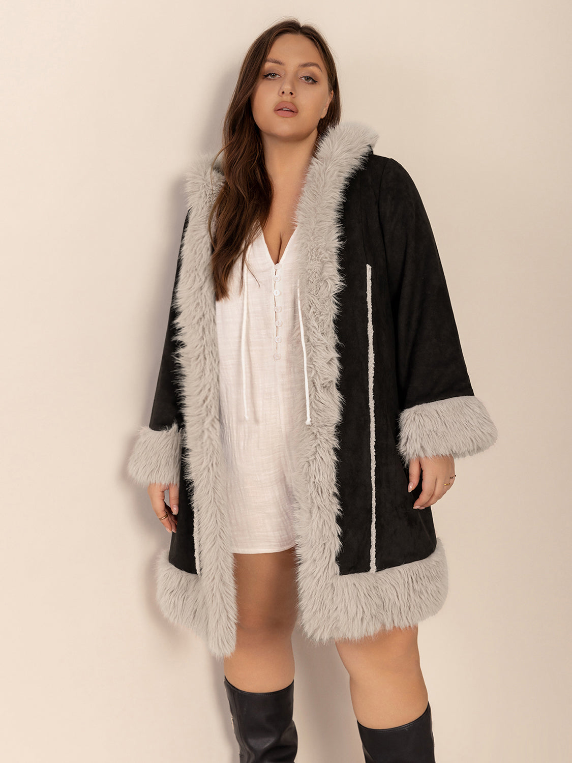 Plus Size Fuzzy Trim Open Front Long Sleeve Hooded Coat - 1XL THRU 4XL ONLY - T - 1 COLOR