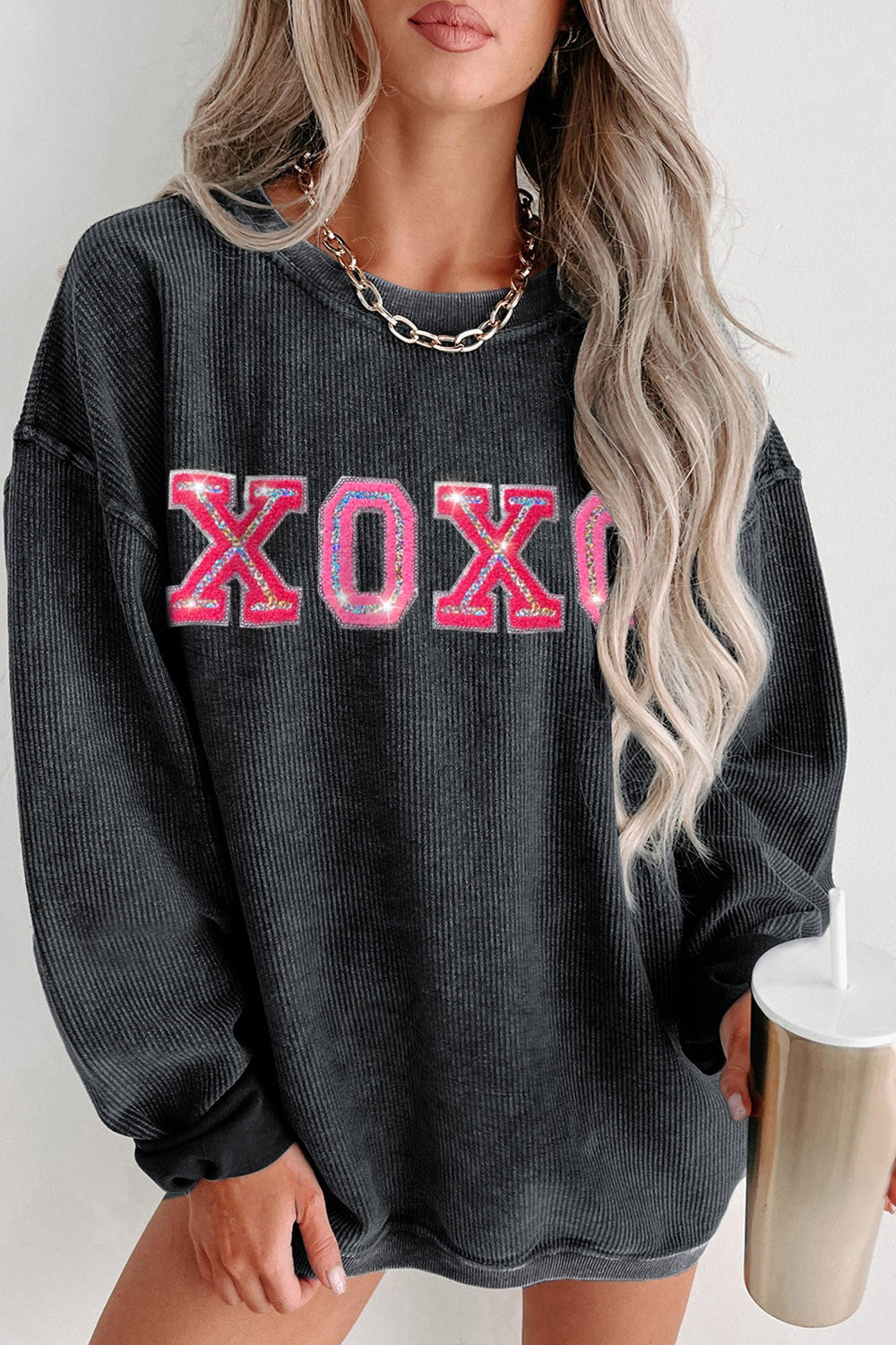 XOXO Round Neck Dropped Shoulder Sweatshirt - T - 1 COLOR -