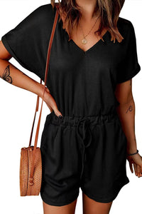 Thumbnail for Full Size Drawstring V-Neck Short Sleeve Romper - T - 7 COLORS -